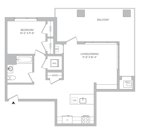 Floor plan for 1 bed, 1 bath, 816 sqft